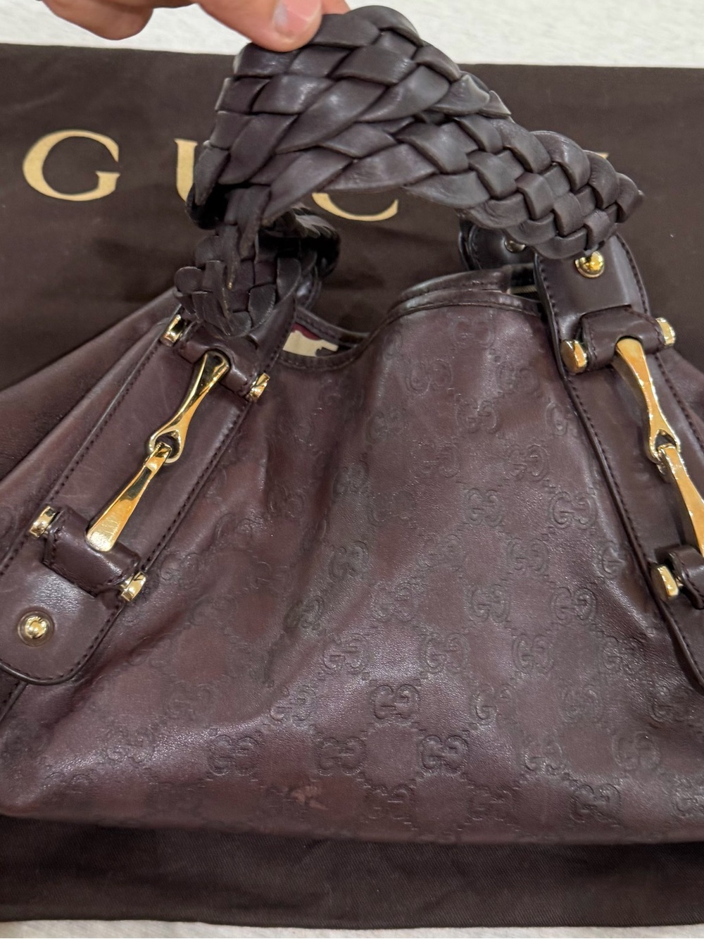 Gucci Dark Brown Braided-Handle Embossed Leather Shoulder Bag